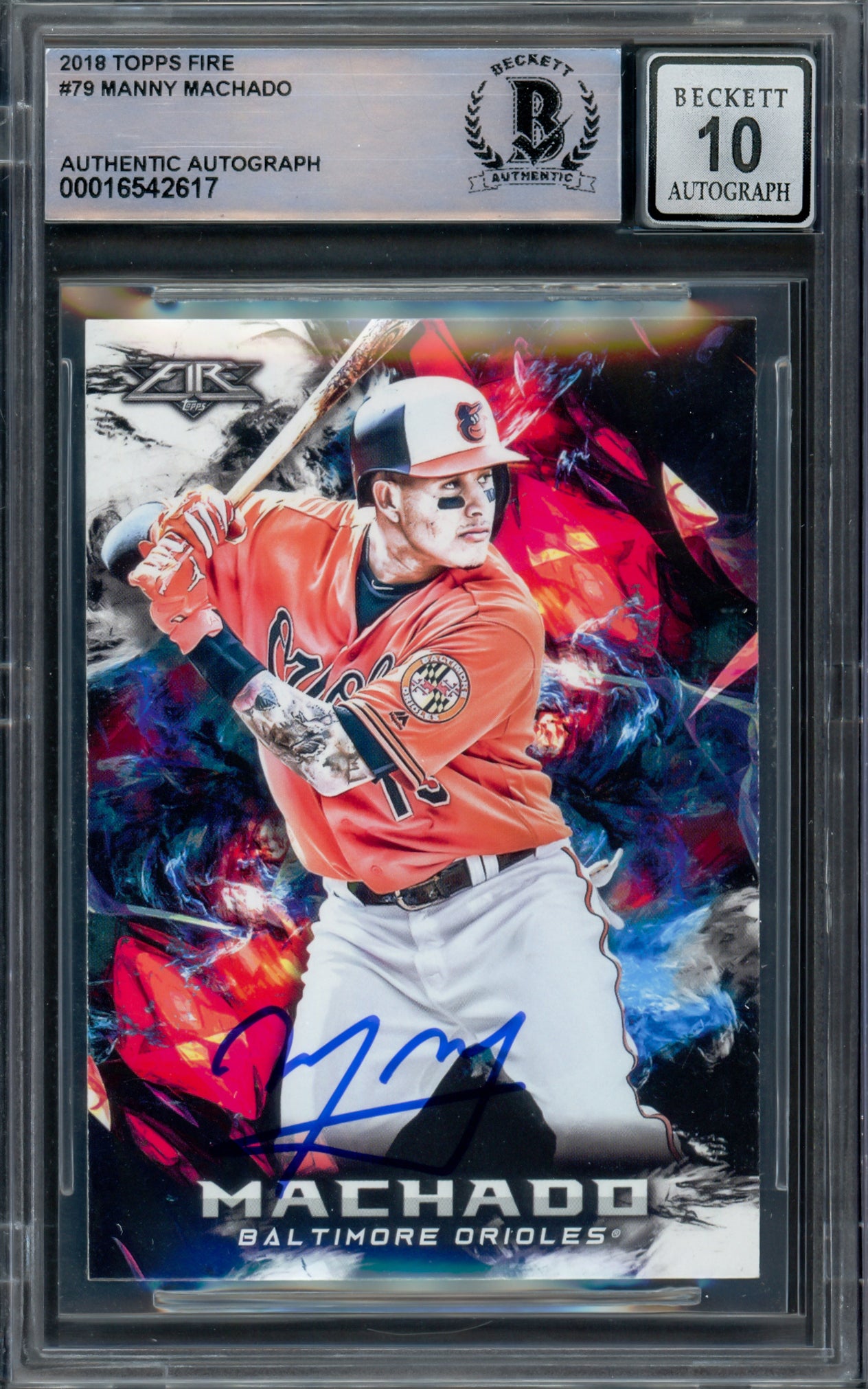Manny Machado Autographed 2018 Topps Fire Card #79 Baltimore Orioles Auto Grade Gem Mint 10 Beckett BAS Stock #228986