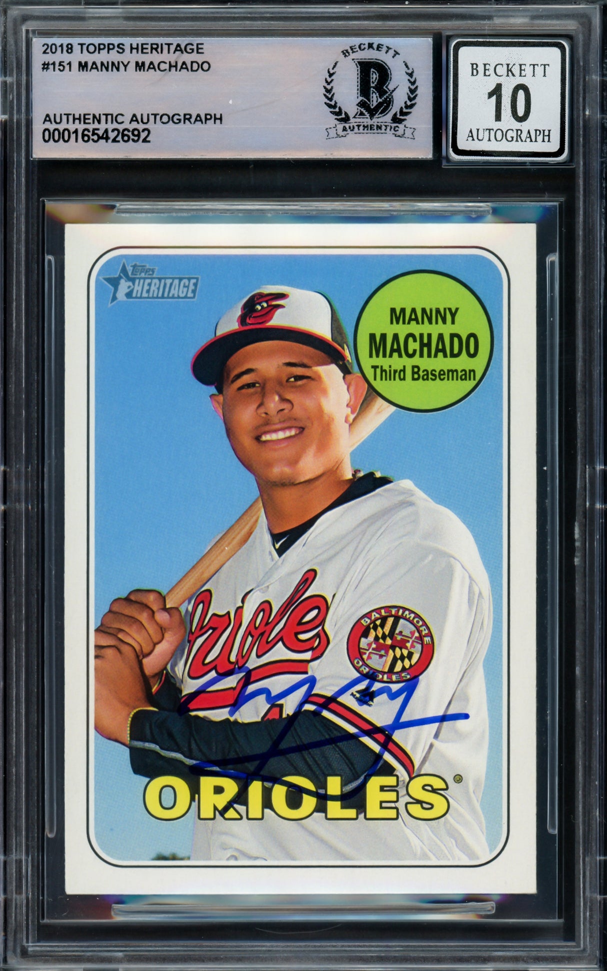 Manny Machado Autographed 2018 Topps Heritage Card #151 Baltimore Orioles Auto Grade Gem Mint 10 Beckett BAS Stock #228987