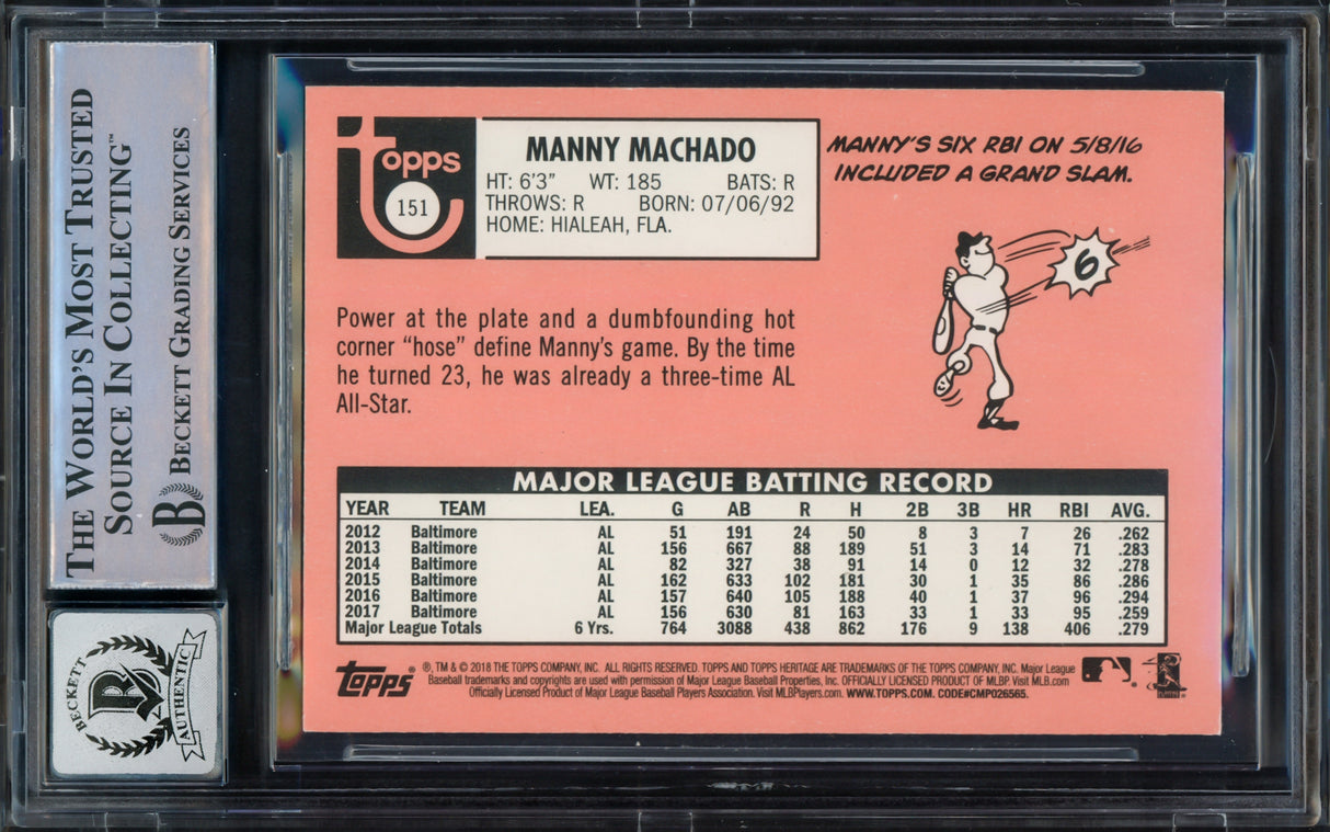 Manny Machado Autographed 2018 Topps Heritage Card #151 Baltimore Orioles Auto Grade Gem Mint 10 Beckett BAS Stock #228987
