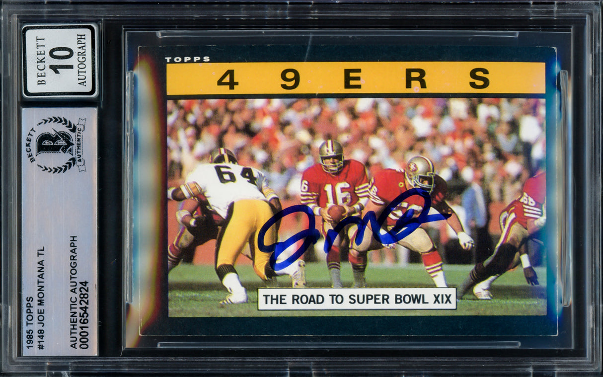 Joe Montana Autographed 1985 Topps Card #148 San Francisco 49ers Auto Grade Gem Mint 10 Beckett BAS Stock #228990