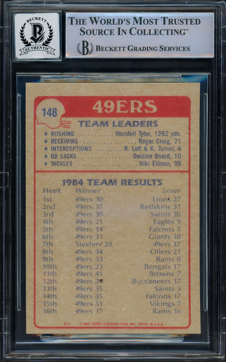 Joe Montana Autographed 1985 Topps Card #148 San Francisco 49ers Auto Grade Gem Mint 10 Beckett BAS Stock #228990