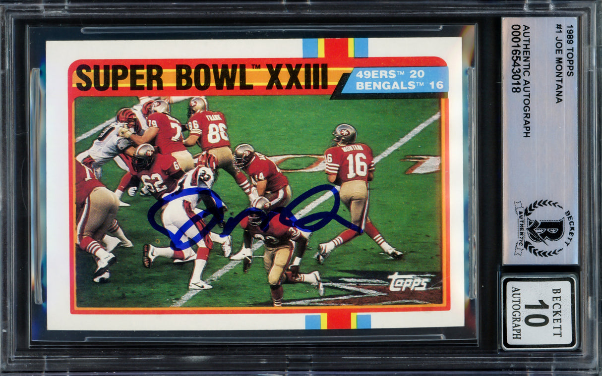 Joe Montana Autographed 1989 Topps Card #1 San Francisco 49ers Auto Grade Gem Mint 10 Beckett BAS Stock #228992