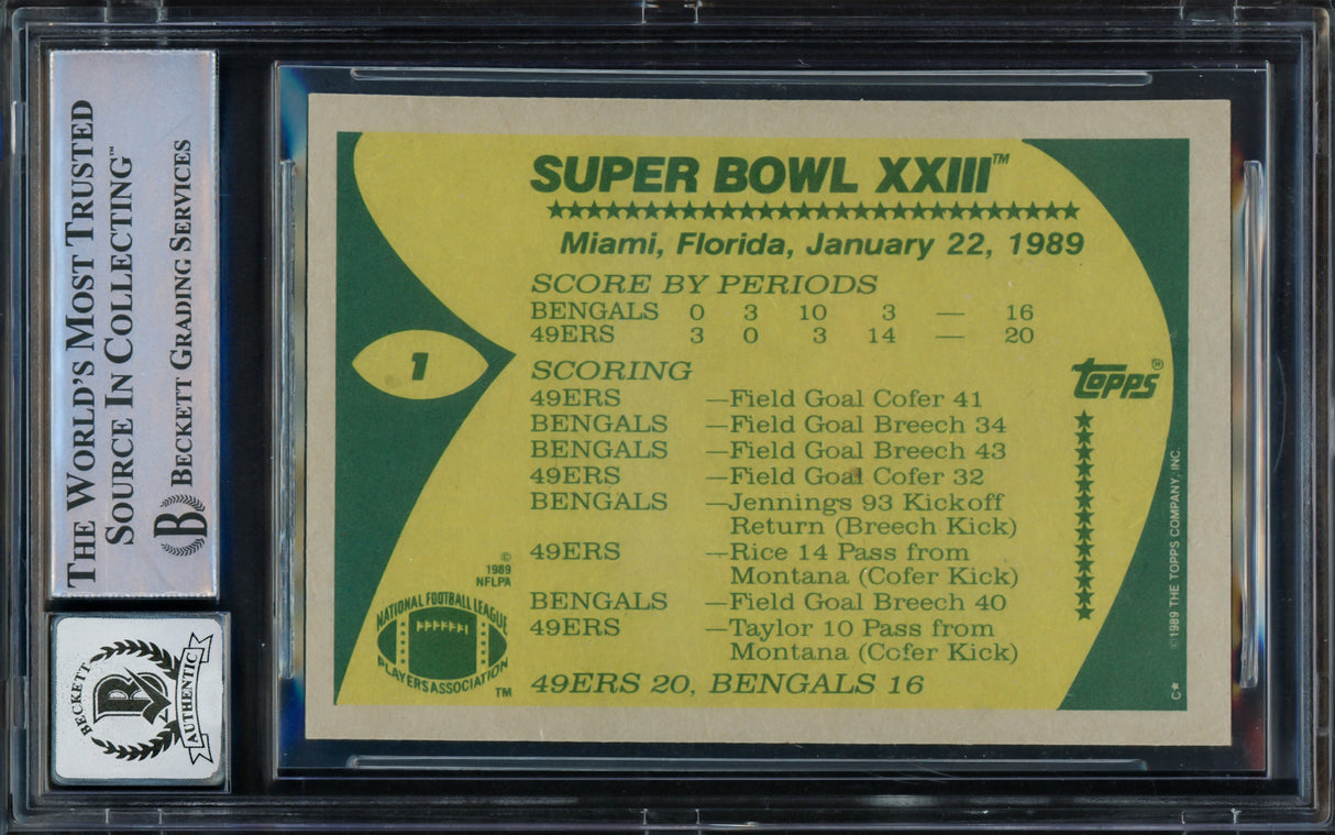 Joe Montana Autographed 1989 Topps Card #1 San Francisco 49ers Auto Grade Gem Mint 10 Beckett BAS Stock #228992