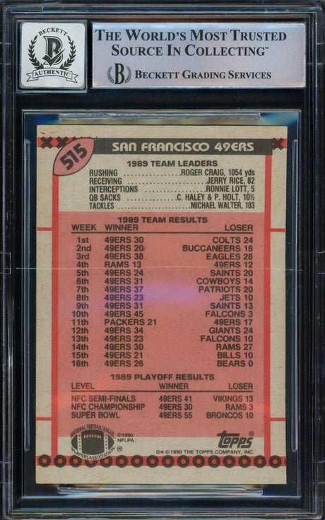 Joe Montana Autographed 1990 Topps Card #515 San Francisco 49ers Auto Grade Gem Mint 10 Beckett BAS Stock #228996