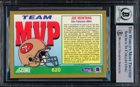 Joe Montana Autographed 1991 Score Card #620 San Francisco 49ers Auto Grade Gem Mint 10 Beckett BAS Stock #228997