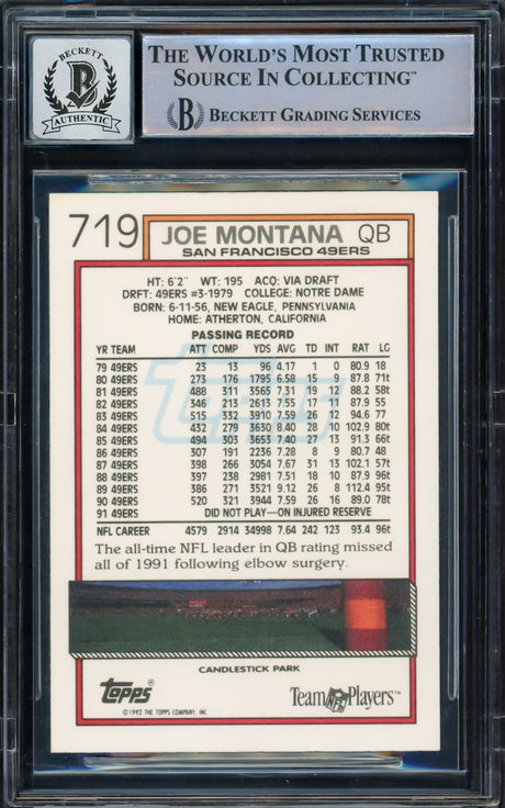 Joe Montana Autographed 1992 Topps Card #719 San Francisco 49ers Auto Grade Gem Mint 10 Beckett BAS Stock #229000