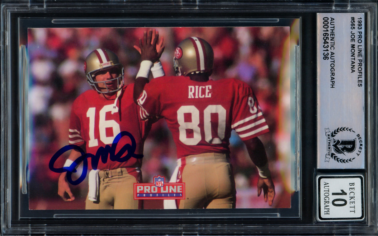 Joe Montana Autographed 1993 Proline Portraits Card #565 San Francisco 49ers Auto Grade Gem Mint 10 Beckett BAS Stock #229002