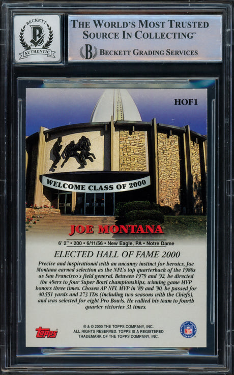 Joe Montana Autographed 2000 Topps Hall of Fame Class Card #HOF1 San Francisco 49ers Auto Grade Gem Mint 10 Beckett BAS Stock #229003
