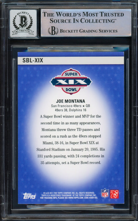 Joe Montana Autographed 2011 Topps Super Bowl Legends Card #SBL-XIX San Francisco 49ers Auto Grade Gem Mint 10 Beckett BAS Stock #229005