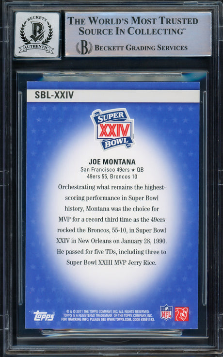 Joe Montana Autographed 2011 Topps Super Bowl Legends Card #SBL-XXIV San Francisco 49ers Auto Grade Gem Mint 10 Beckett BAS Stock #229006