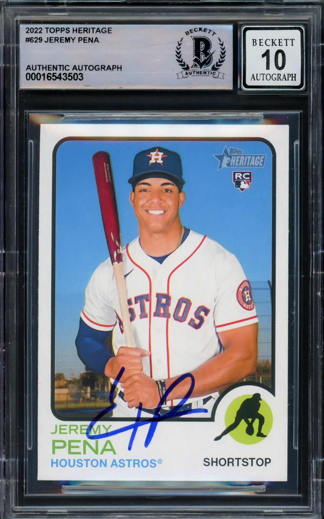 Jeremy Pena Autographed 2022 Topps Heritage Rookie Card #629 Houston Astros Auto Grade Gem Mint 10 Beckett BAS Stock #229009