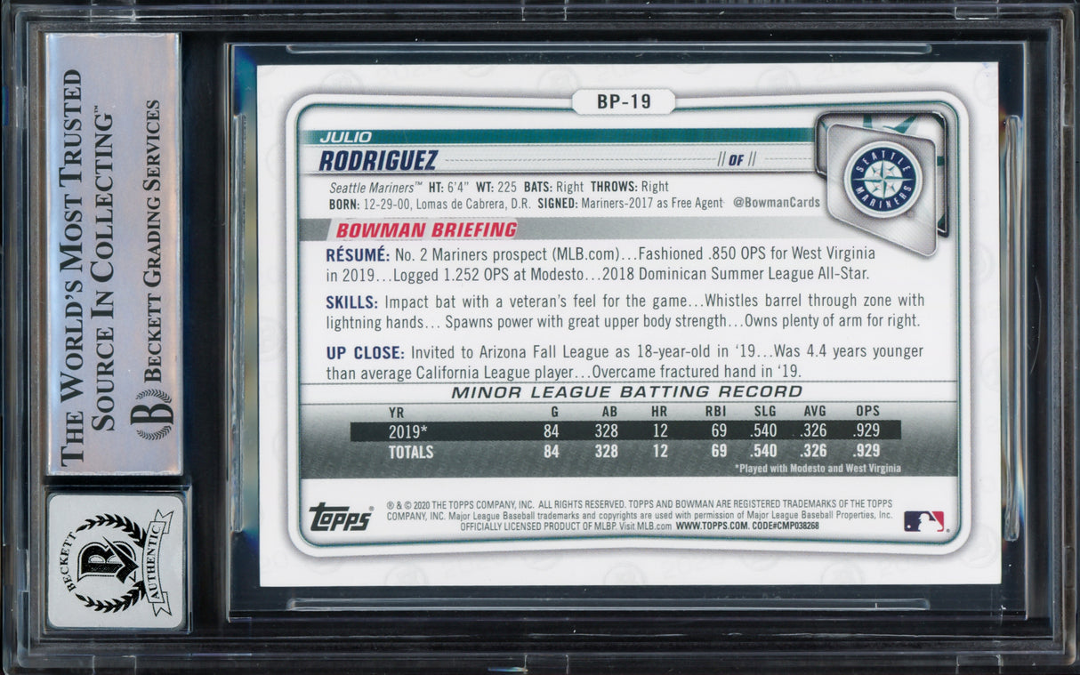 Julio Rodriguez Autographed 2020 Bowman Prospects Rookie Card #BP19 Seattle Mariners Auto Grade Gem Mint 10 Beckett BAS Stock #229013