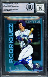 Julio Rodriguez Autographed 2020 Bowman Platinum Top Prospects Rookie Card #TOP94 Seattle Mariners Auto Grade Gem Mint 10 Beckett BAS Stock #229014