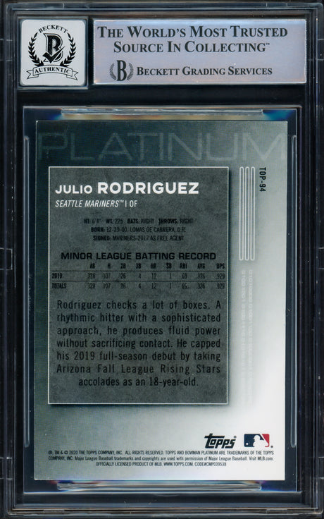 Julio Rodriguez Autographed 2020 Bowman Platinum Top Prospects Rookie Card #TOP94 Seattle Mariners Auto Grade Gem Mint 10 Beckett BAS Stock #229014