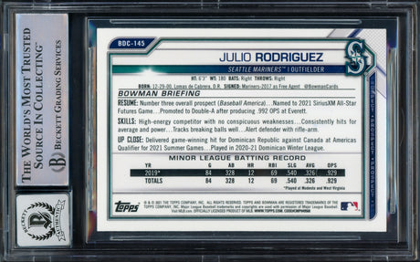 Julio Rodriguez Autographed 2021 Bowman Chrome Draft Rookie Card #BDC145 Seattle Mariners Auto Grade Gem Mint 10 Beckett BAS Stock #229015