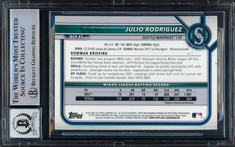 Julio Rodriguez Autographed 2022 Bowman Chrome Prospects Rookie Card #BCP45 Seattle Mariners Auto Grade Gem Mint 10 Beckett BAS Stock #229016