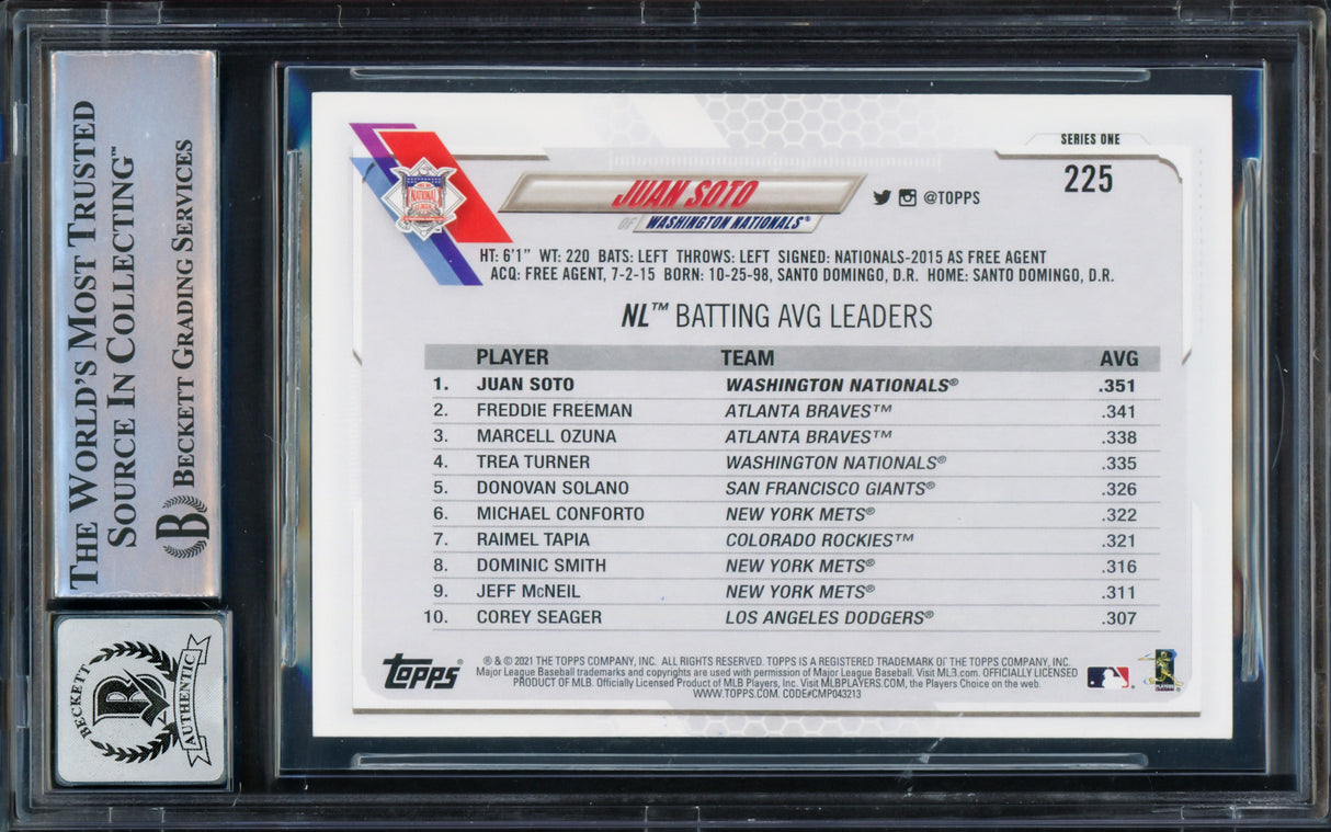 Juan Soto Autographed 2021 Topps Card #225 New York Mets Auto Grade Gem Mint 10 Beckett BAS Stock #229020