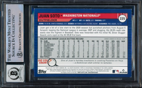 Juan Soto Autographed 2021 Topps Big League Card #225 New York Yankees Auto Grade Gem Mint 10 Beckett BAS Stock #229021
