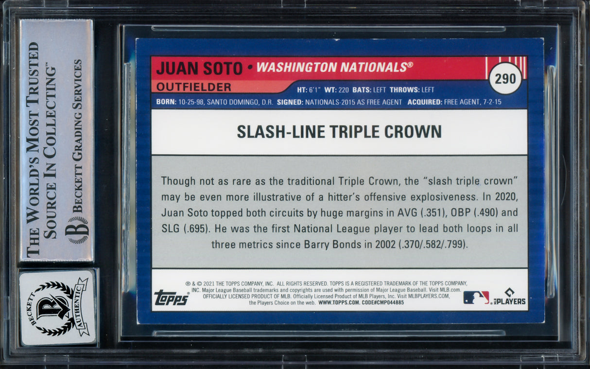 Juan Soto Autographed 2021 Topps Big League Card #290 New York Mets Auto Grade Gem Mint 10 Beckett BAS Stock #229022