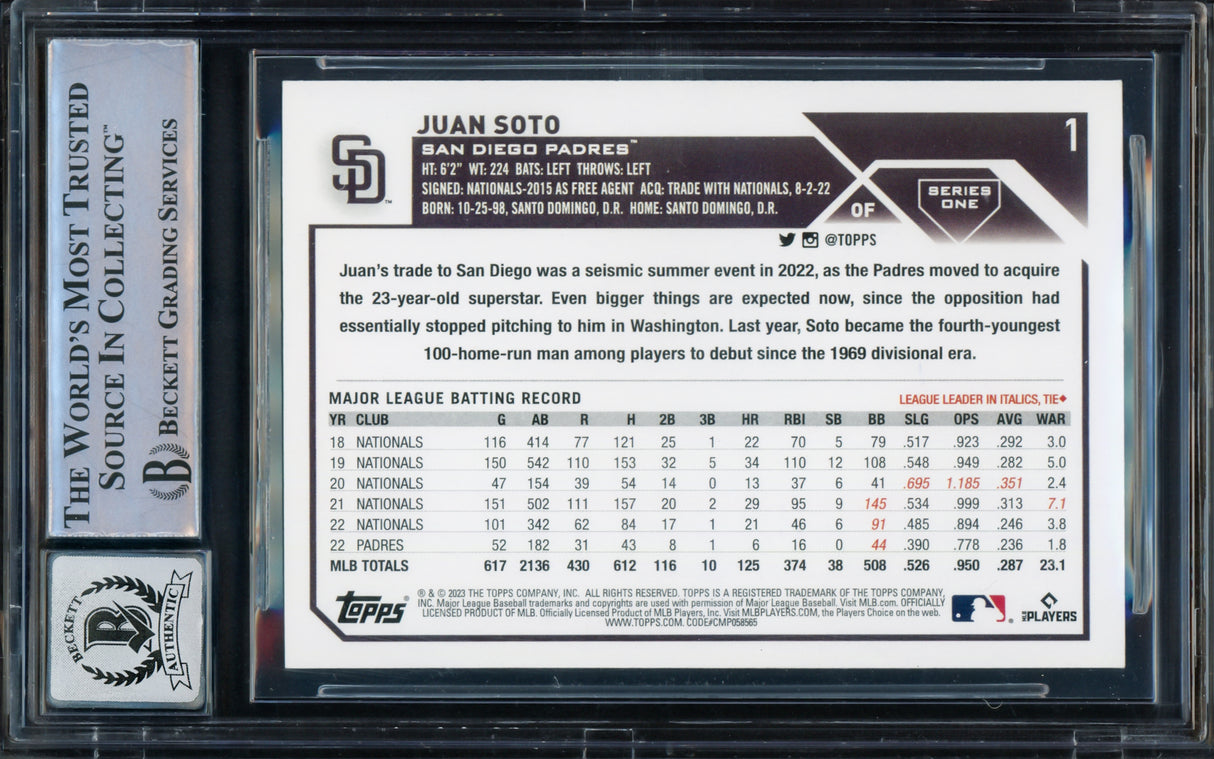 Juan Soto Autographed 2023 Topps Card #1 New York Mets Auto Grade Gem Mint 10 Beckett BAS Stock #229026