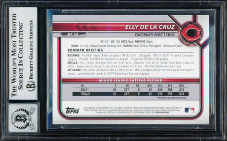 Elly De La Cruz Autographed 2022 Bowman Prospects Rookie Card #BP50 Cincinnati Reds Auto Grade Gem Mint 10 Full Name Beckett BAS Stock #229027