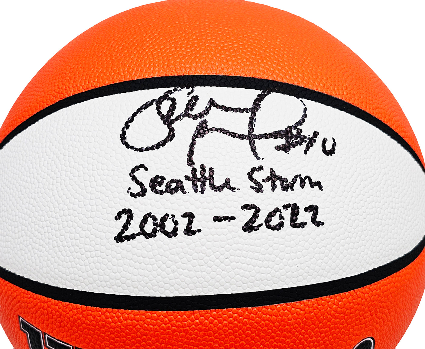 Sue Bird Autographed Authentic White Panel Indoor/Outdoor Basketball Seattle Storm "Seattle Storm 2002-2022" Beckett BAS QR Stock #214845