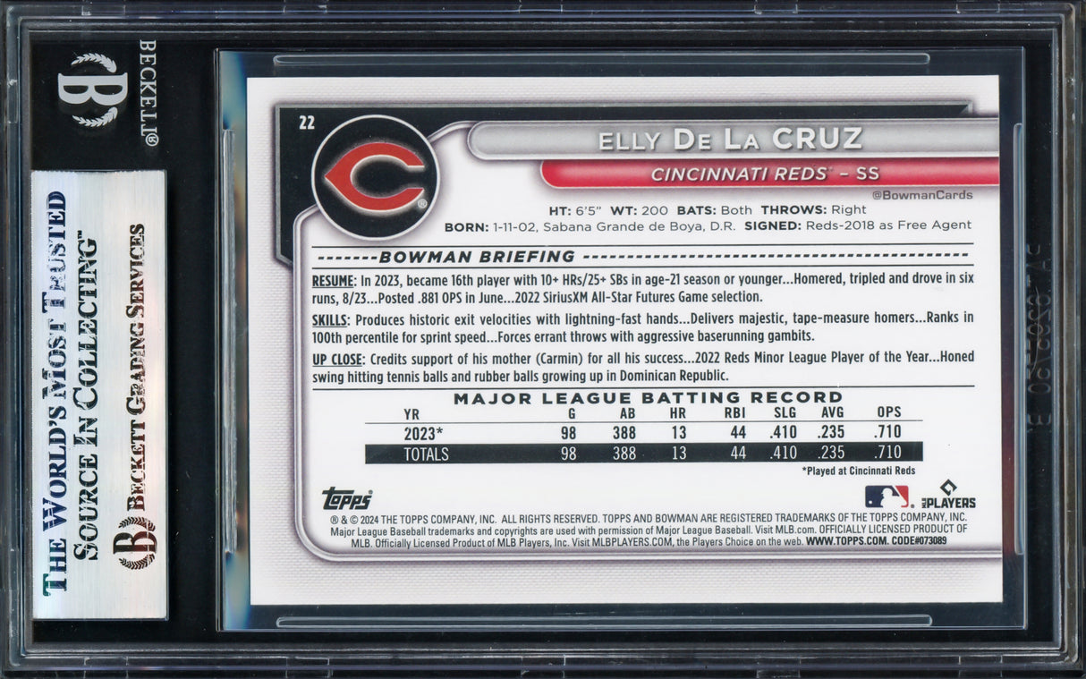 Elly De La Cruz Autographed 2024 Bowman Rookie Card #22 Cincinnati Reds Beckett BAS Stock #239925