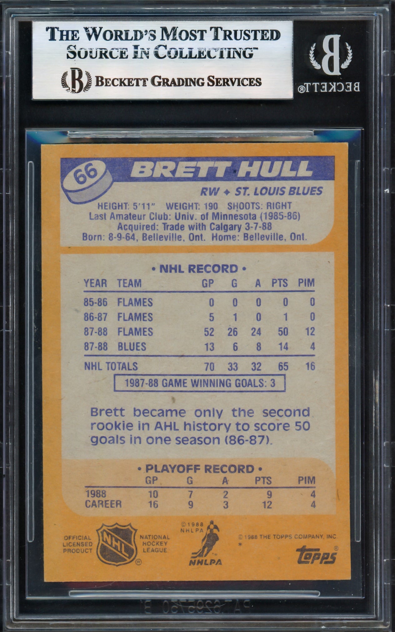 Brett Hull Autographed 1988-89 Topps Rookie Card #66 St. Louis Blues Beckett BAS Stock #239927