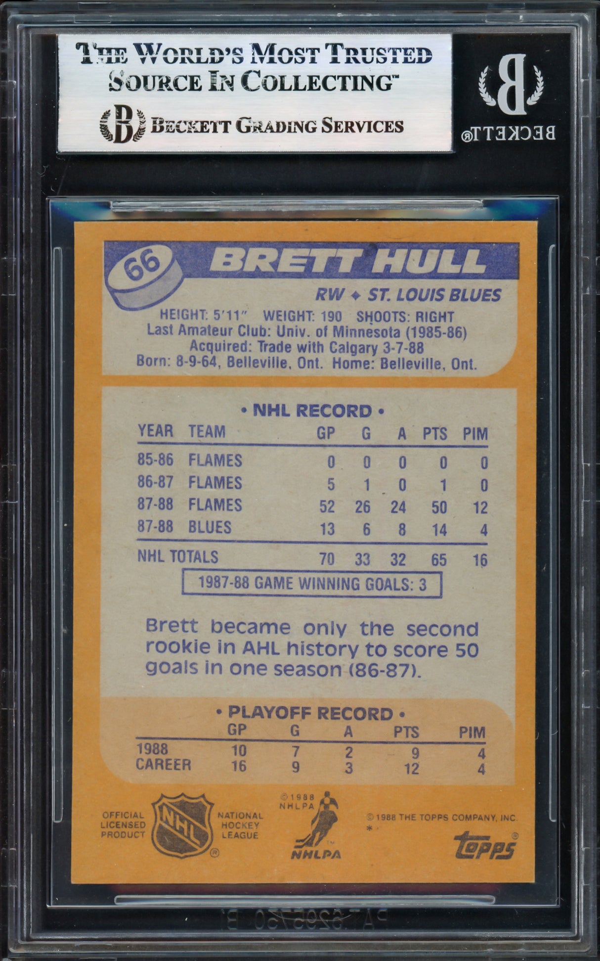 Brett Hull Autographed 1988-89 Topps Rookie Card #66 St. Louis Blues Beckett BAS Stock #239928