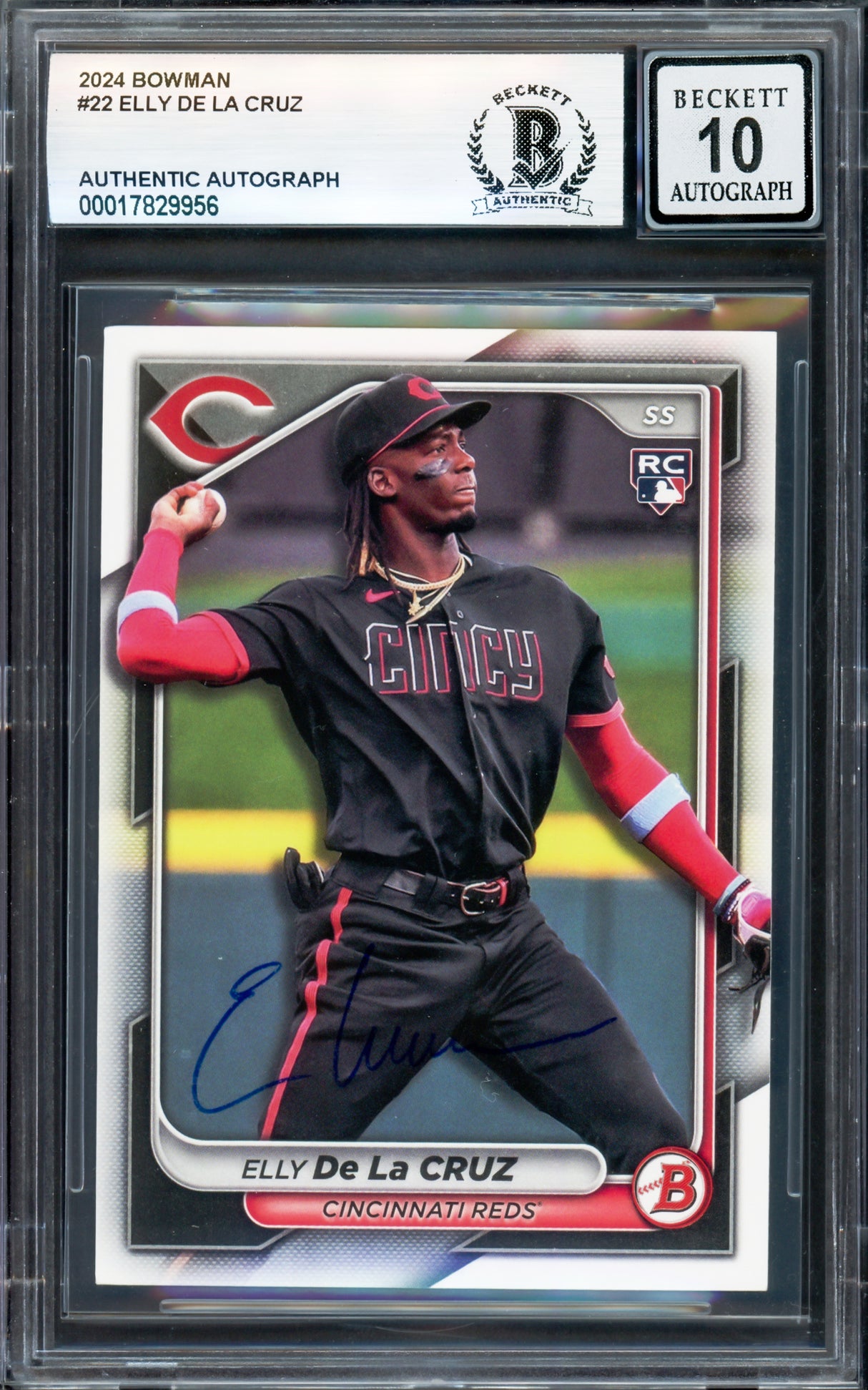 Elly De La Cruz Autographed 2024 Bowman Rookie Card #22 Cincinnati Reds Auto Grade Gem Mint 10 Beckett BAS Stock #239930