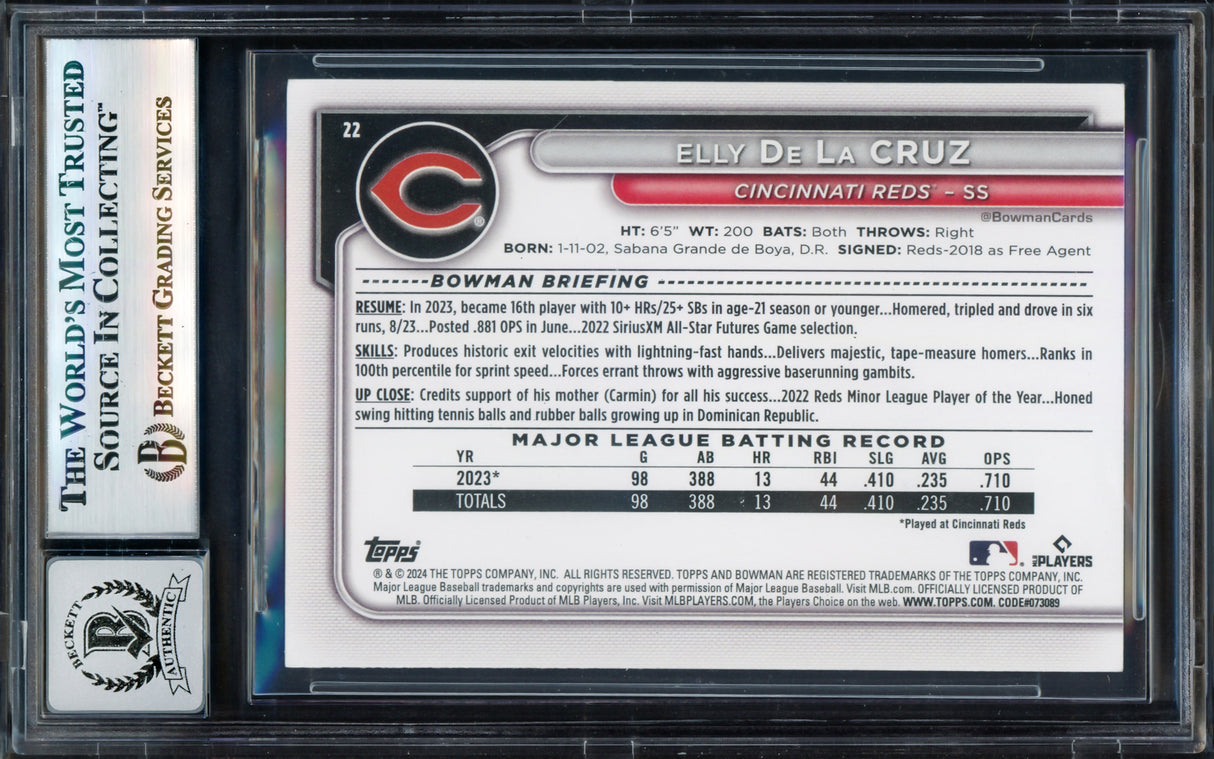 Elly De La Cruz Autographed 2024 Bowman Rookie Card #22 Cincinnati Reds Auto Grade Gem Mint 10 Beckett BAS Stock #239930