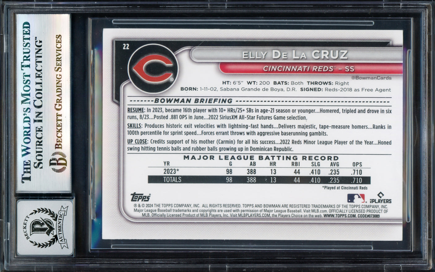 Elly De La Cruz Autographed 2024 Bowman Rookie Card #22 Cincinnati Reds Auto Grade Gem Mint 10 Beckett BAS Stock #239930