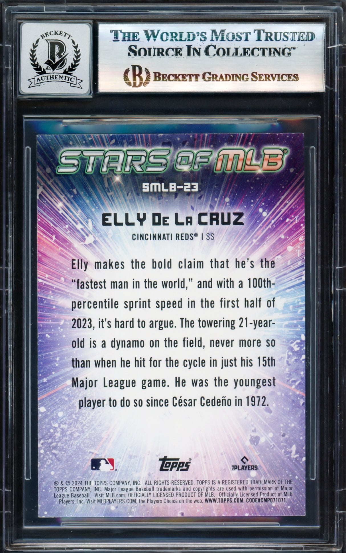Elly De La Cruz Autographed 2024 Topps Stars of MLB Rookie Card #SMLB-23 Cincinnati Reds Auto Grade Gem Mint 10 Beckett BAS Stock #239931