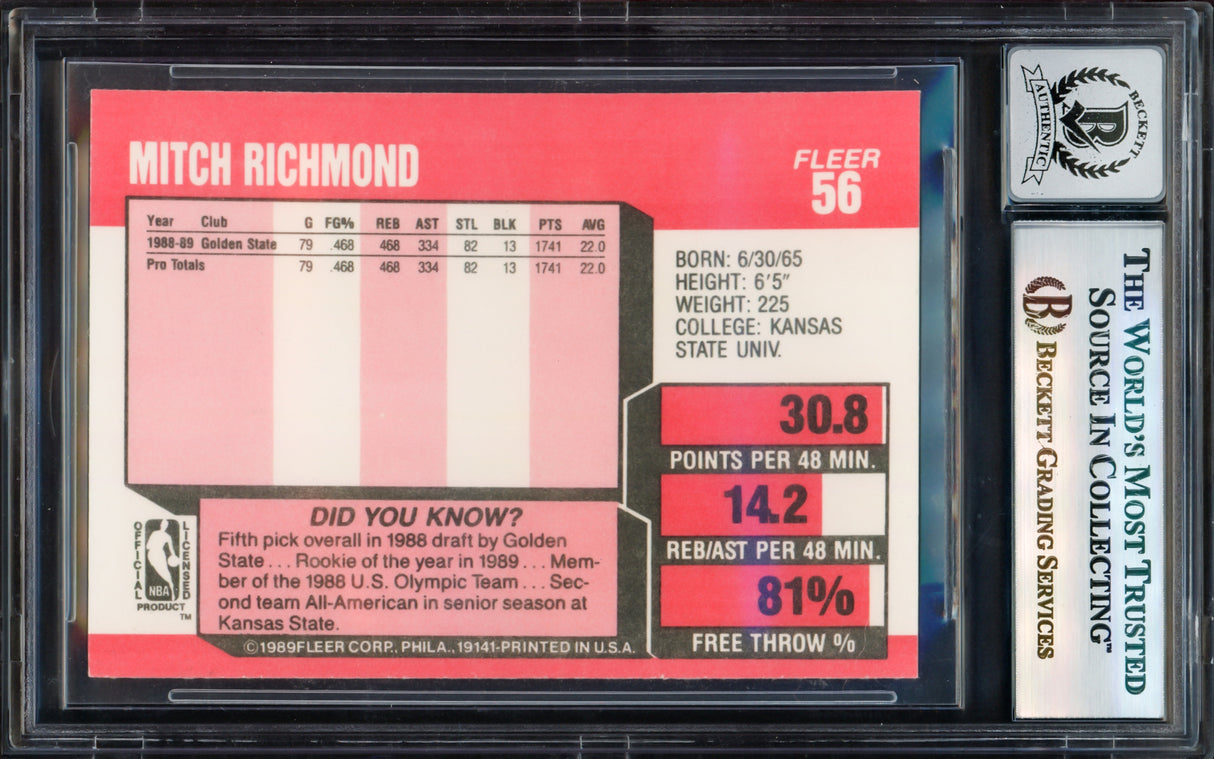 Mitch Richmond Autographed 1989-90 Fleer Rookie Card #56 Golden State Warriors Auto Grade Gem Mint 10 Beckett BAS Stock #239932