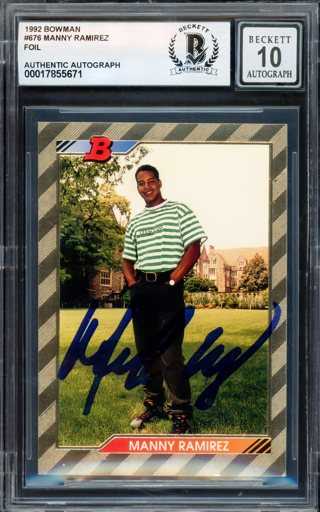 Manny Ramirez Autographed 1992 Bowman Gold Foil Rookie Card #676 Cleveland Indians Auto Grade Gem Mint 10 Beckett BAS Stock #239942