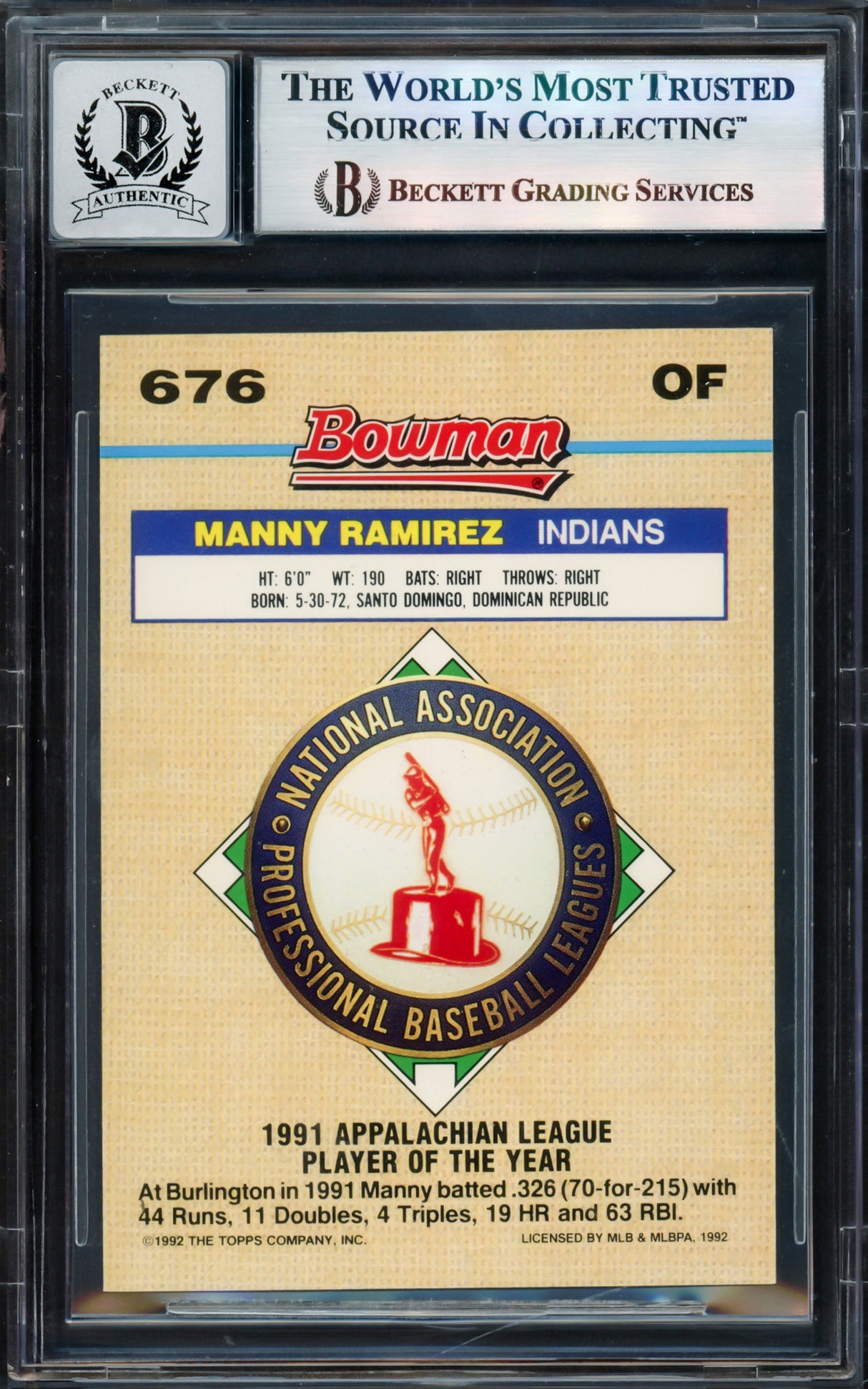 Manny Ramirez Autographed 1992 Bowman Gold Foil Rookie Card #676 Cleveland Indians Auto Grade Gem Mint 10 Beckett BAS Stock #239942