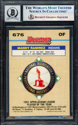 Manny Ramirez Autographed 1992 Bowman Gold Foil Rookie Card #676 Cleveland Indians Auto Grade Gem Mint 10 Beckett BAS Stock #239942
