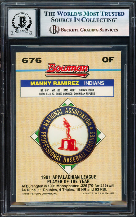 Manny Ramirez Autographed 1992 Bowman Gold Foil Rookie Card #676 Cleveland Indians Auto Grade Gem Mint 10 Beckett BAS Stock #239942
