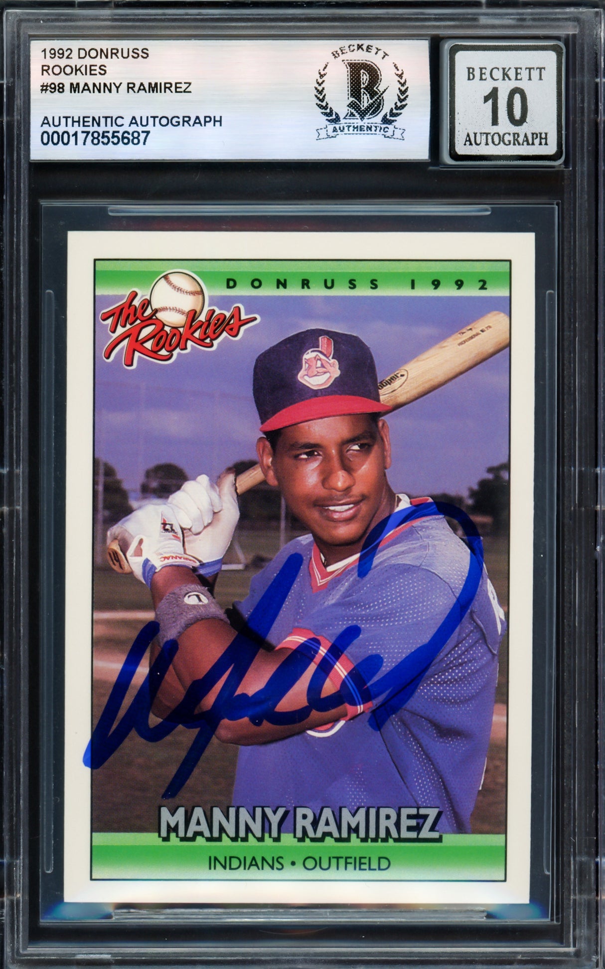 Manny Ramirez Autographed 1992 Donruss The Rookies Rookie Card #98 Cleveland Indians Auto Grade Gem Mint 10 Beckett BAS Stock #239943