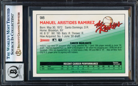 Manny Ramirez Autographed 1992 Donruss The Rookies Rookie Card #98 Cleveland Indians Auto Grade Gem Mint 10 Beckett BAS Stock #239943