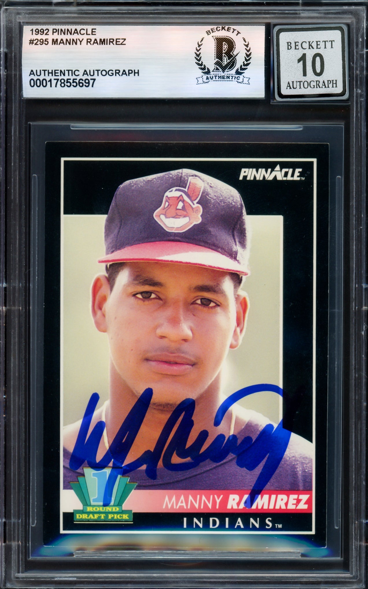Manny Ramirez Autographed 1992 Pinnacle Rookie Card #295 Cleveland Indians Auto Grade Gem Mint 10 Beckett BAS Stock #239944