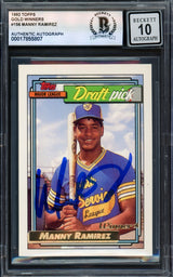 Manny Ramirez Autographed 1992 Topps Gold Winners Rookie Card #156 Cleveland Indians Auto Grade Gem Mint 10 Beckett BAS Stock #239947
