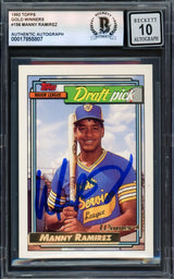 Manny Ramirez Autographed 1992 Topps Gold Winners Rookie Card #156 Cleveland Indians Auto Grade Gem Mint 10 Beckett BAS Stock #239947