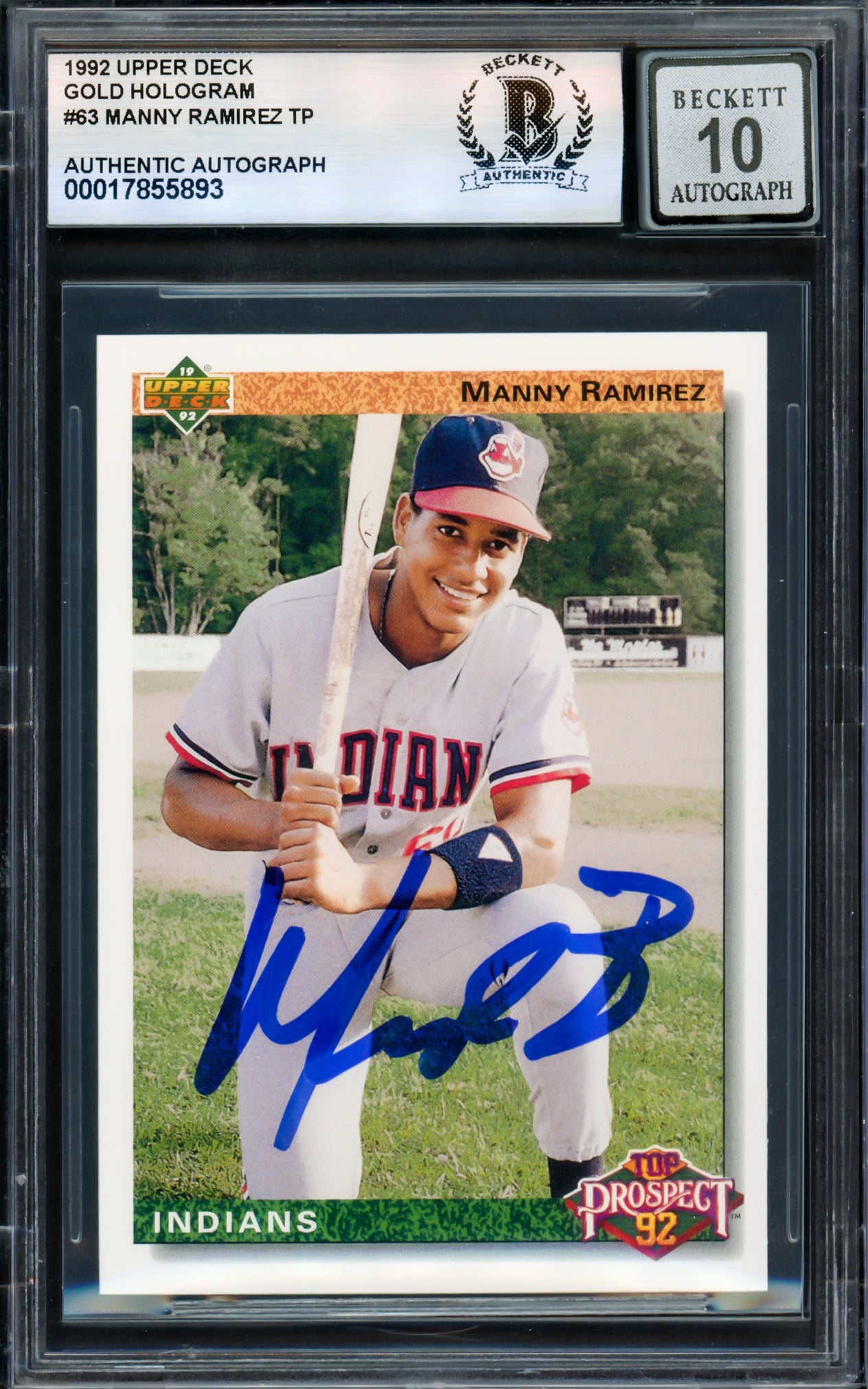 Manny Ramirez Autographed 1992 Upper Deck Rookie Card #63 Cleveland Indians Auto Grade Gem Mint 10 Beckett BAS Stock #239949