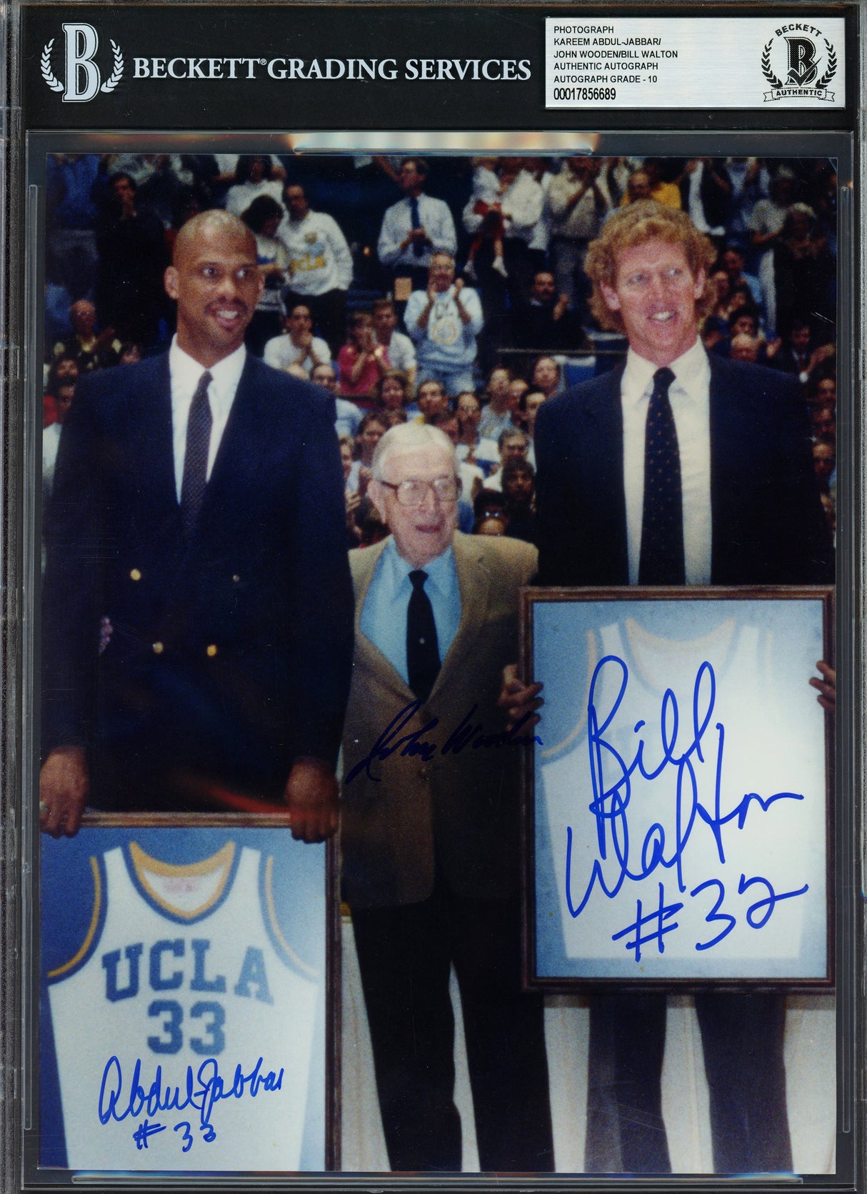 Kareem Abdul Jabbar, John Wooden & Bill Walton Autographed 8x10 Photo UCLA Bruins Auto Grade Gem Mint 10 Beckett BAS Stock #239955