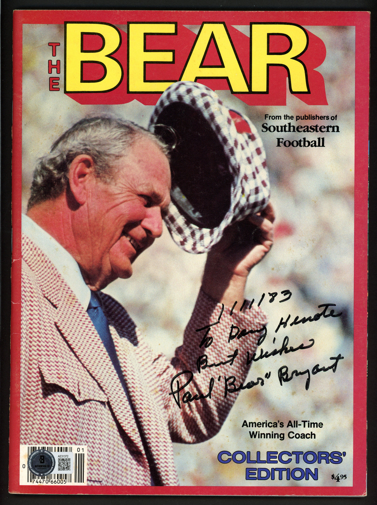 Paul "Bear" Bryant Autographed The Bear Collectors Edition Program Alabama Crimson Tide "To Danny" Beckett BAS #AE31372