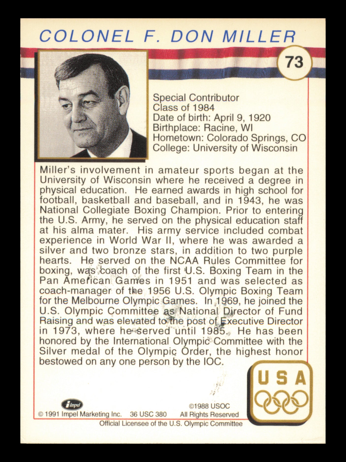Col. F. Don Miller Autographed 1991 Impel U.S. Olympics Card #73 SKU #240709