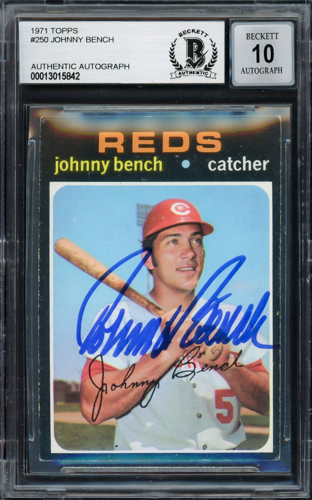 Johnny Bench Autographed 1971 Topps Card #250 Cincinnati Reds Auto Grade Gem Mint 10 Beckett BAS #13015842