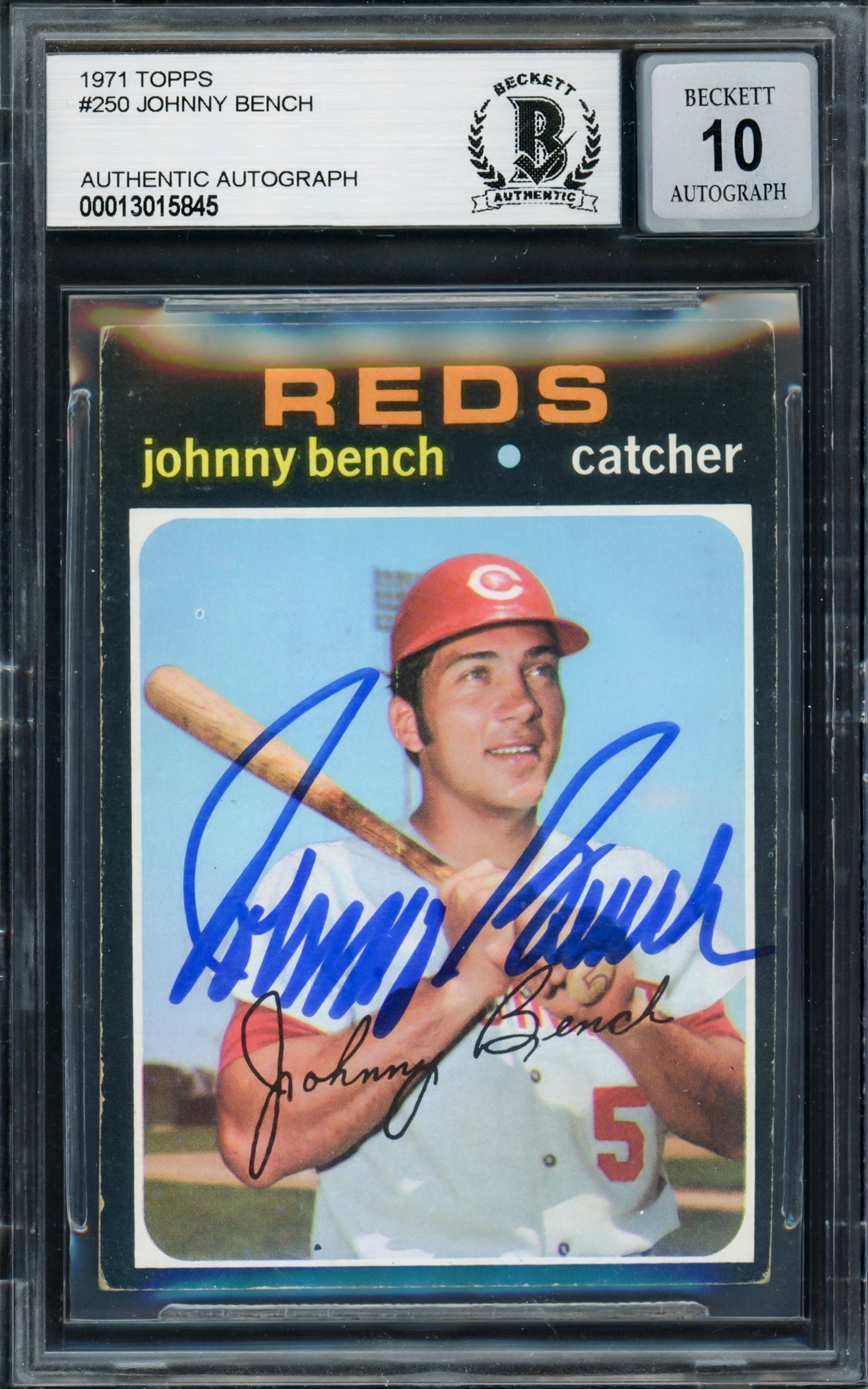Johnny Bench Autographed 1971 Topps Card #250 Cincinnati Reds Auto Grade Gem Mint 10 Beckett BAS #13015845