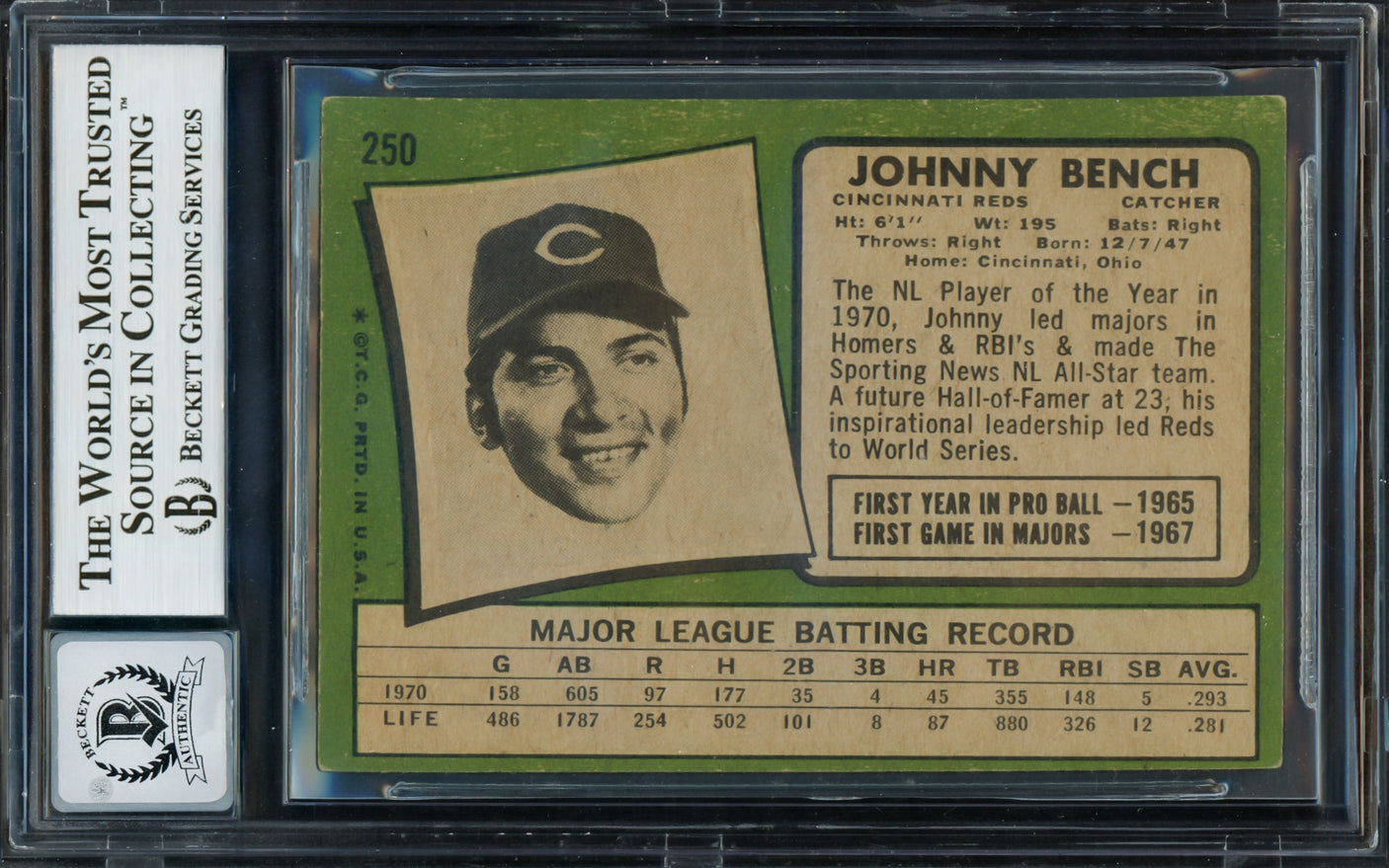 Johnny Bench Autographed 1971 Topps Card #250 Cincinnati Reds Auto Grade Gem Mint 10 Beckett BAS #13015845
